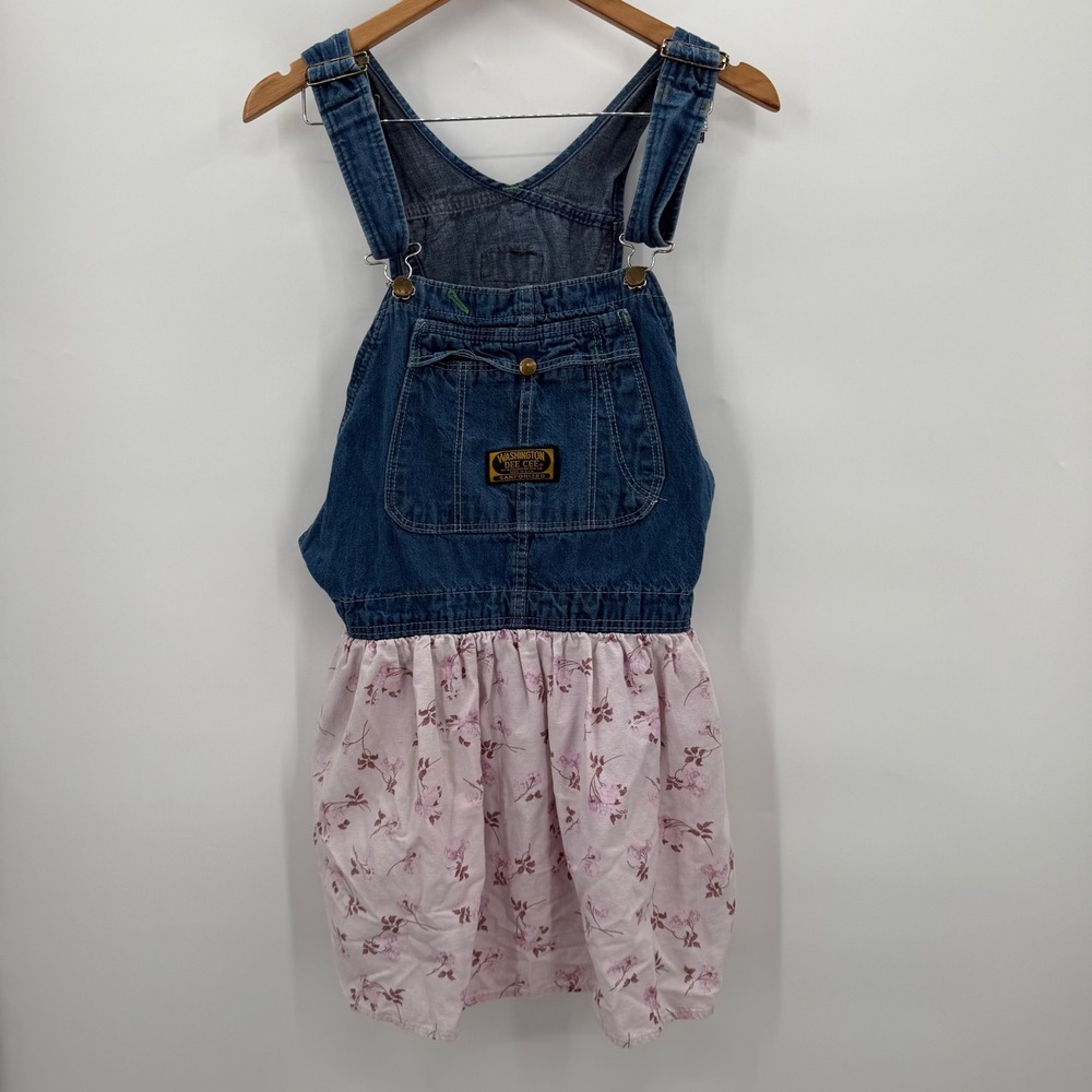 Vintage Washington Dee Cee Upcycled Denim Overall Dress Pink Floral Measurements - Picture 2 of 13